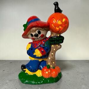 Vintage 80s Ceramic Halloween Scarecrow Light Up Jack O Lantern Lamp Retro